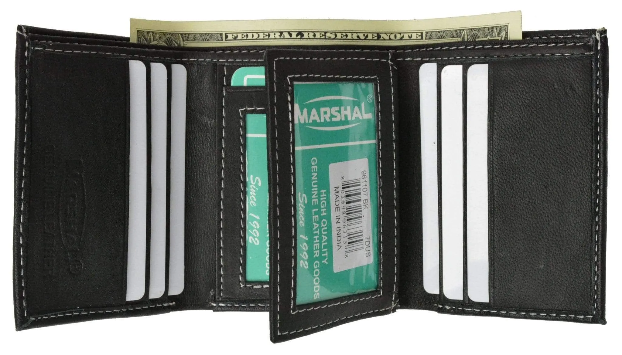100% Leather Tri-fold ID Card Holder Mens Wallet Black 961107
