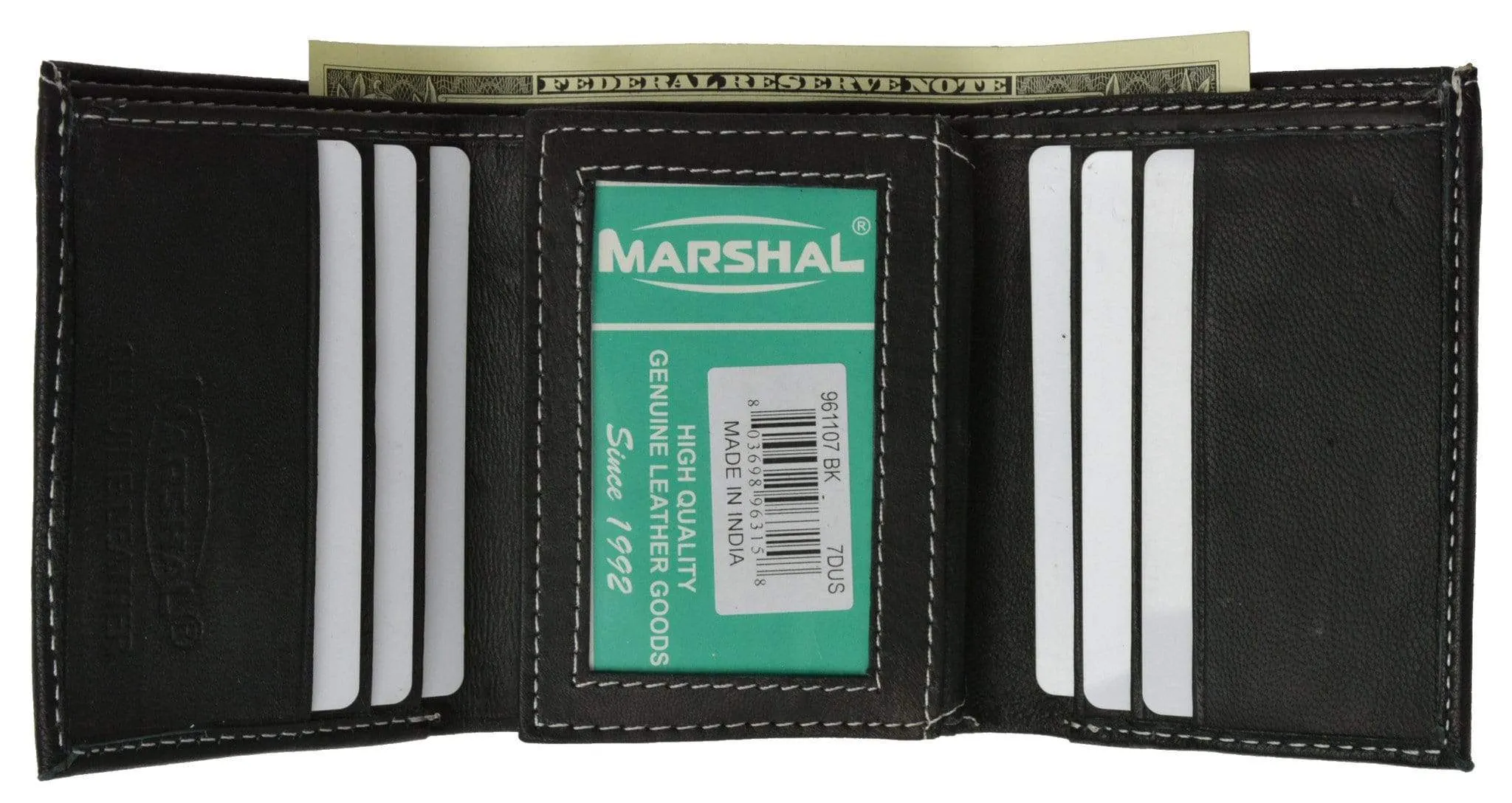 100% Leather Tri-fold ID Card Holder Mens Wallet Black 961107