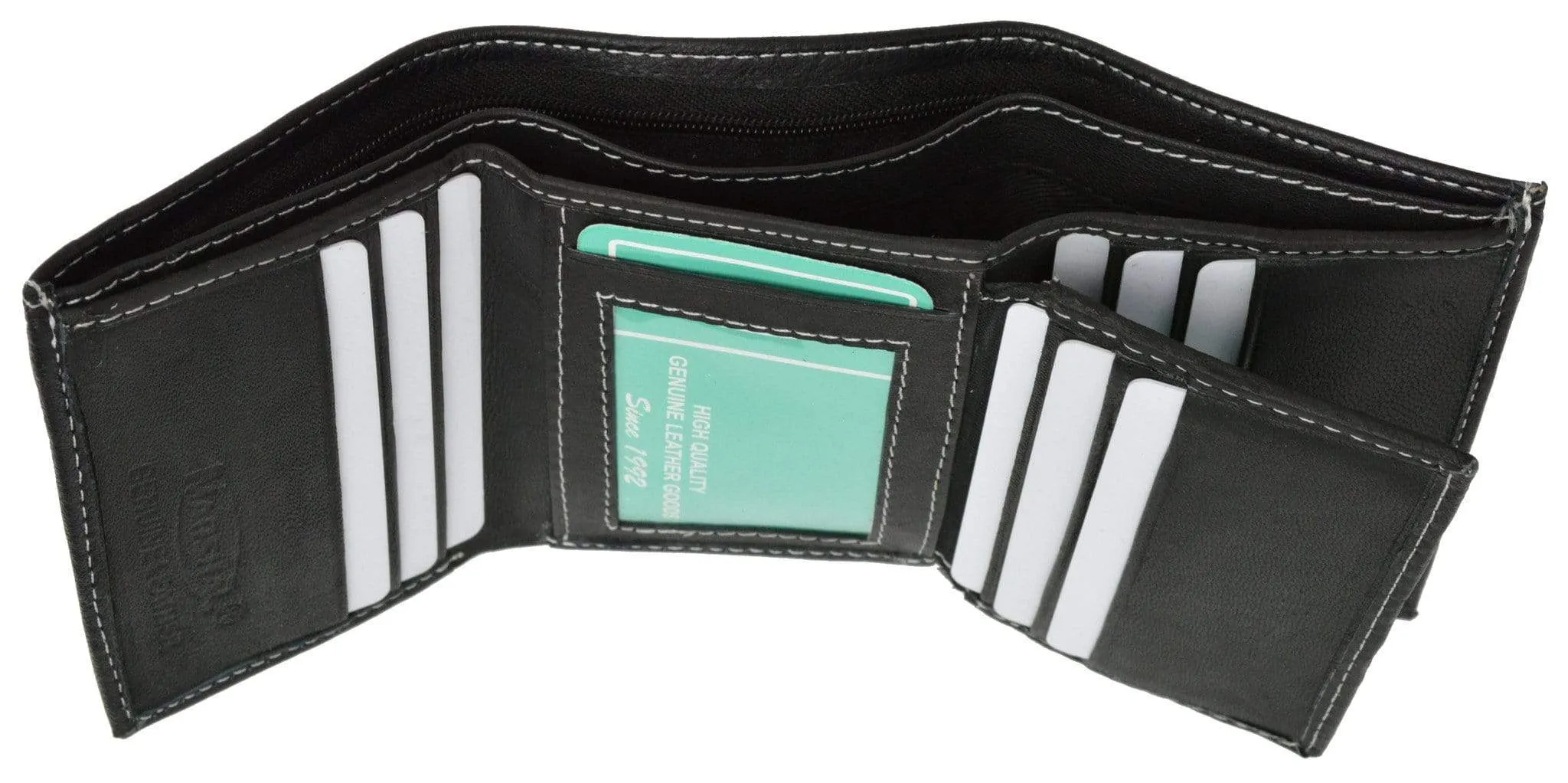 100% Leather Tri-fold ID Card Holder Mens Wallet Black 961107