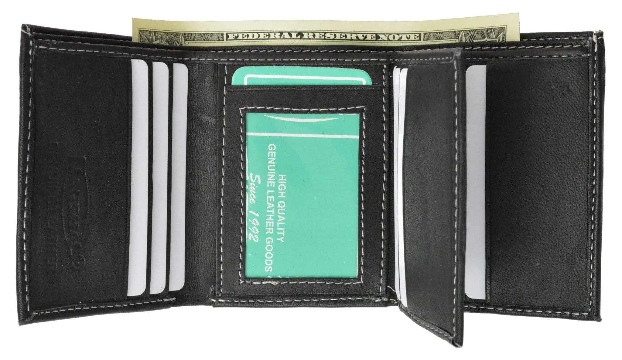 100% Leather Tri-fold ID Card Holder Mens Wallet Black 961107
