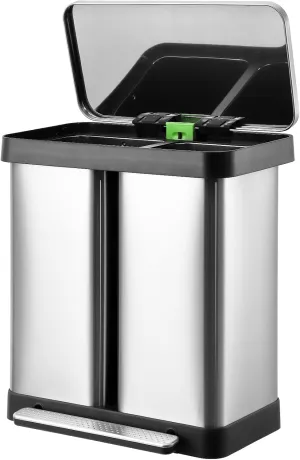 16 Gallon/ 60L Dual Kitchen Trash Can, Fingerprint-Proof Stainless Steel Double Garbage Can with 2x8 Gallon Inner Bucket, 2 Compartment Recycle Bin with Soft-Close Lid for Kitchen, Office