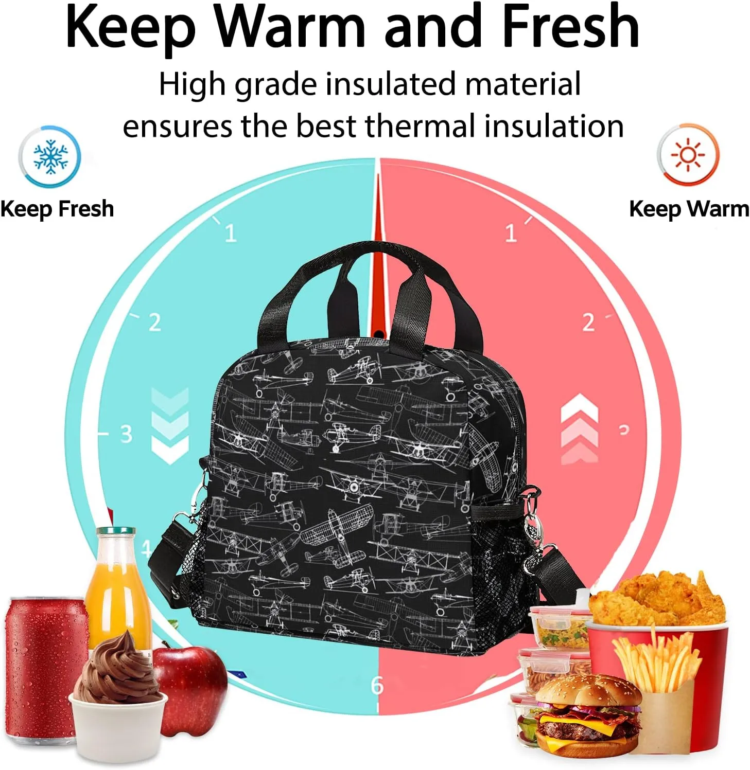 Airplane Lunch Bag, Reusable Lunch Box Insulated Meal Tote for Kids Women Men Cooler Bag with Shoulder Strap, Durability of Lunch Tote for Work School Picnic, Line Airplane