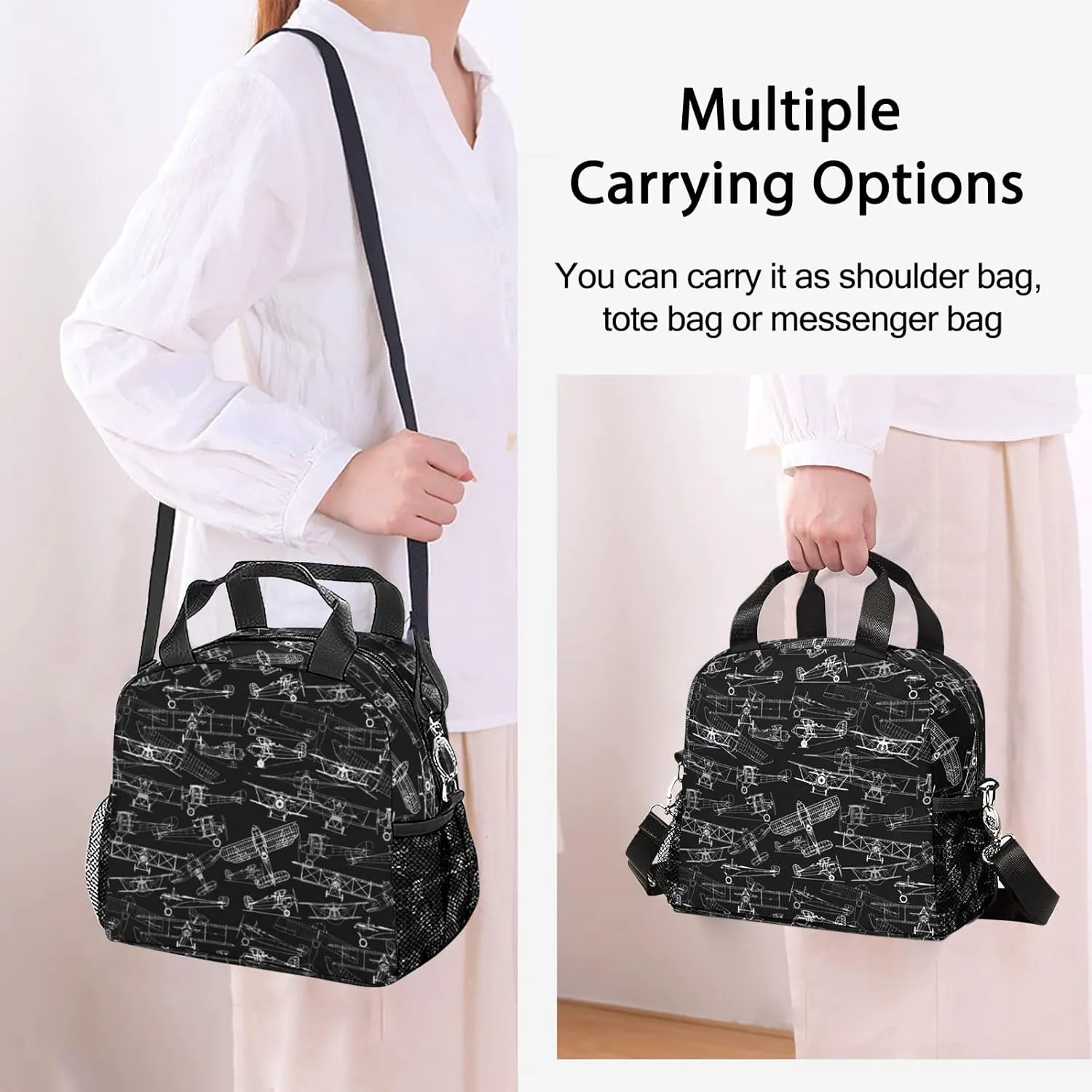 Airplane Lunch Bag, Reusable Lunch Box Insulated Meal Tote for Kids Women Men Cooler Bag with Shoulder Strap, Durability of Lunch Tote for Work School Picnic, Line Airplane
