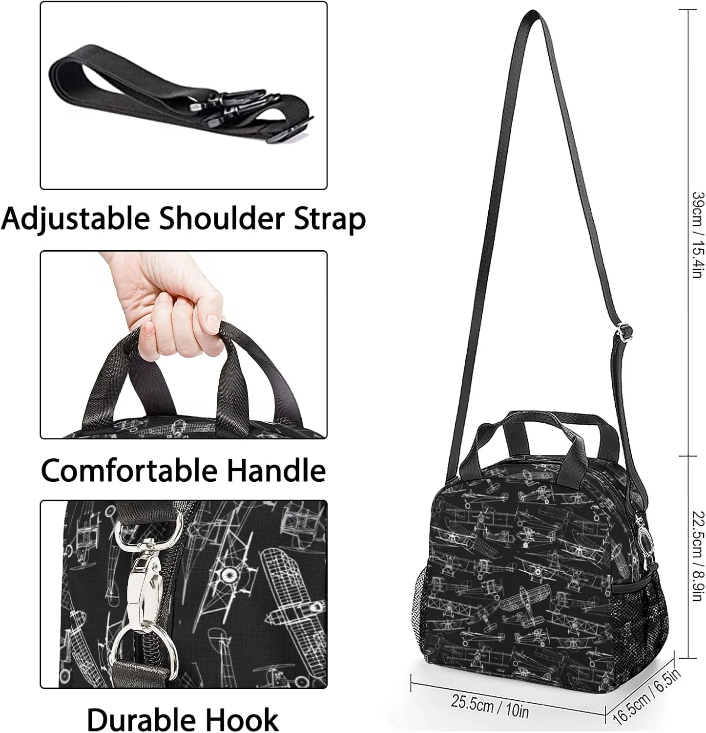 Airplane Lunch Bag, Reusable Lunch Box Insulated Meal Tote for Kids Women Men Cooler Bag with Shoulder Strap, Durability of Lunch Tote for Work School Picnic, Line Airplane