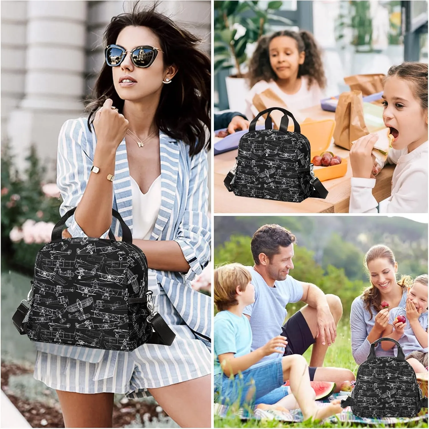 Airplane Lunch Bag, Reusable Lunch Box Insulated Meal Tote for Kids Women Men Cooler Bag with Shoulder Strap, Durability of Lunch Tote for Work School Picnic, Line Airplane