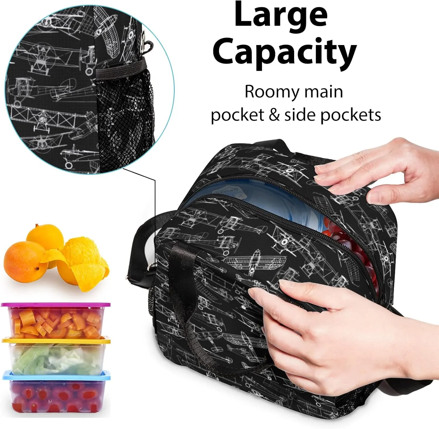 Airplane Lunch Bag, Reusable Lunch Box Insulated Meal Tote for Kids Women Men Cooler Bag with Shoulder Strap, Durability of Lunch Tote for Work School Picnic, Line Airplane