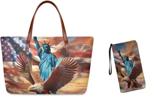 American flag hunting print 2 pcs purse set with wallet casual large capacity shoulder tote bag