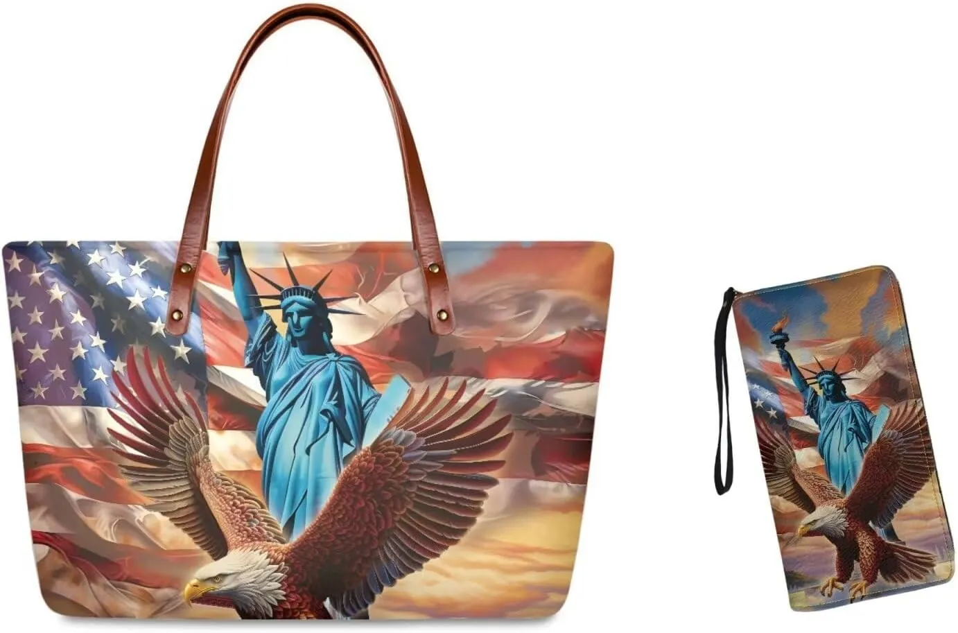 American flag hunting print 2 pcs purse set with wallet casual large capacity shoulder tote bag