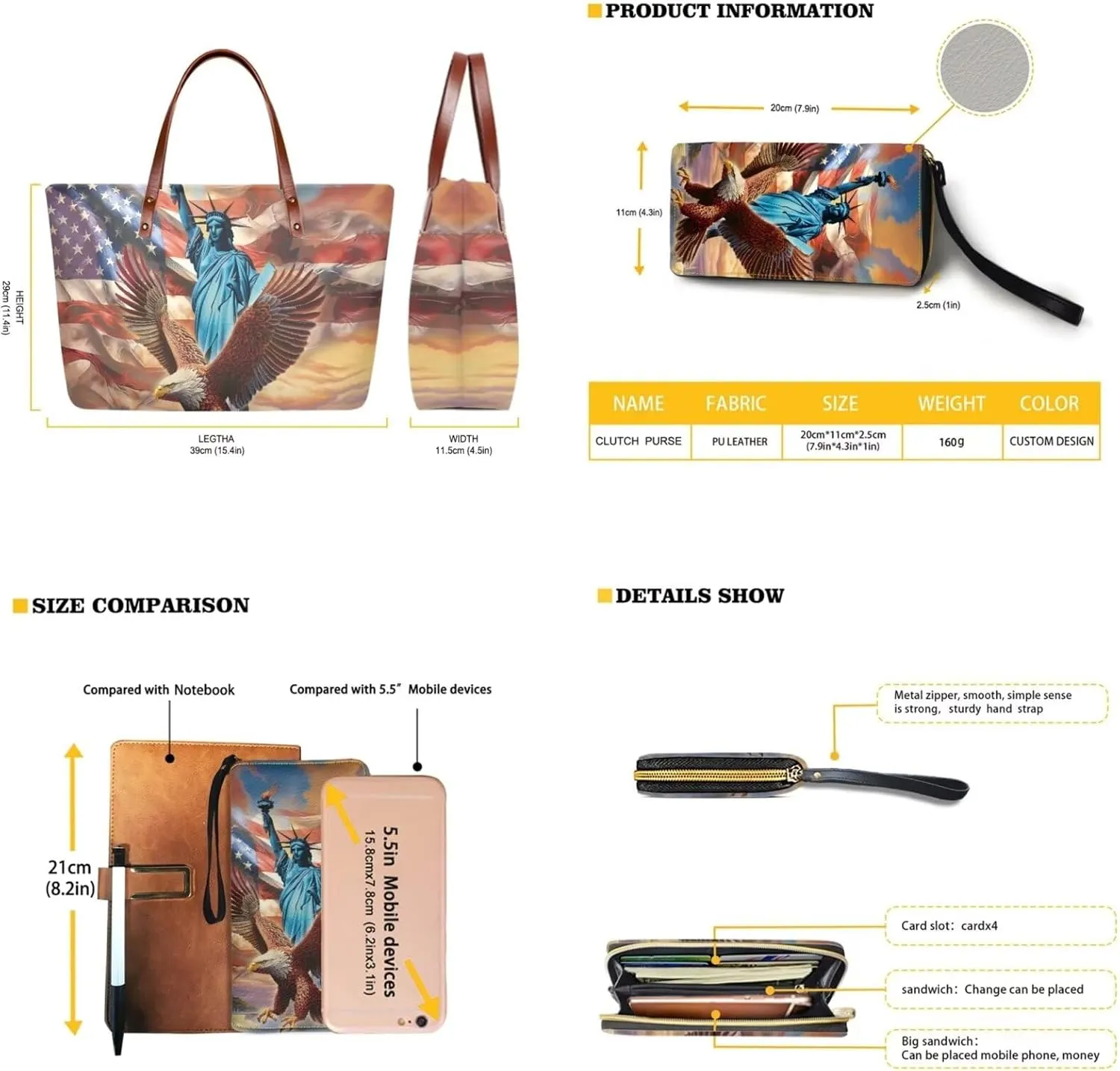 American flag hunting print 2 pcs purse set with wallet casual large capacity shoulder tote bag