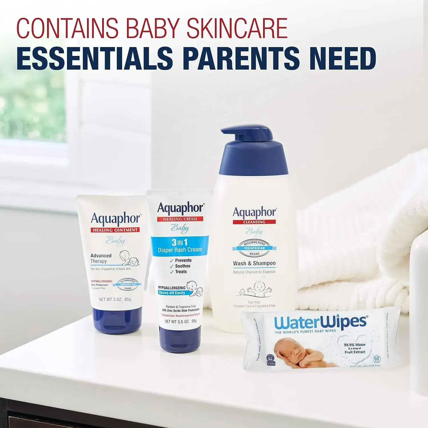 Aquaphor Baby Welcome Baby Gift Set - Free WaterWipes and Bag Included - Healing Ointment, Wash and Shampoo, 3 in 1 Diaper Rash Cream