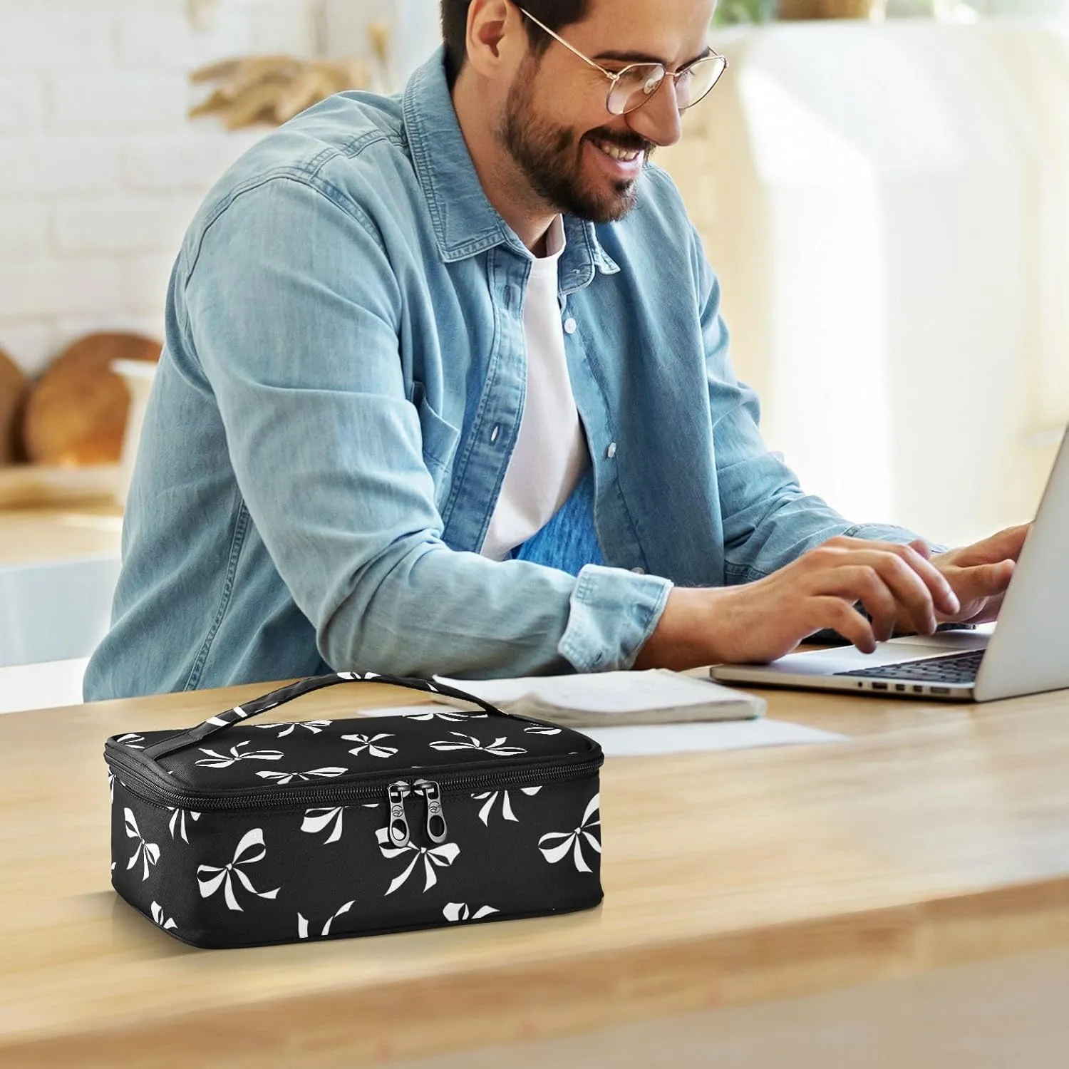 Aslsiy Small Lunch Bag for Kids White Bow Ribbon Insulated Lunch Box Black Portable Mini Cooler Bag for Women Men Boys Girls