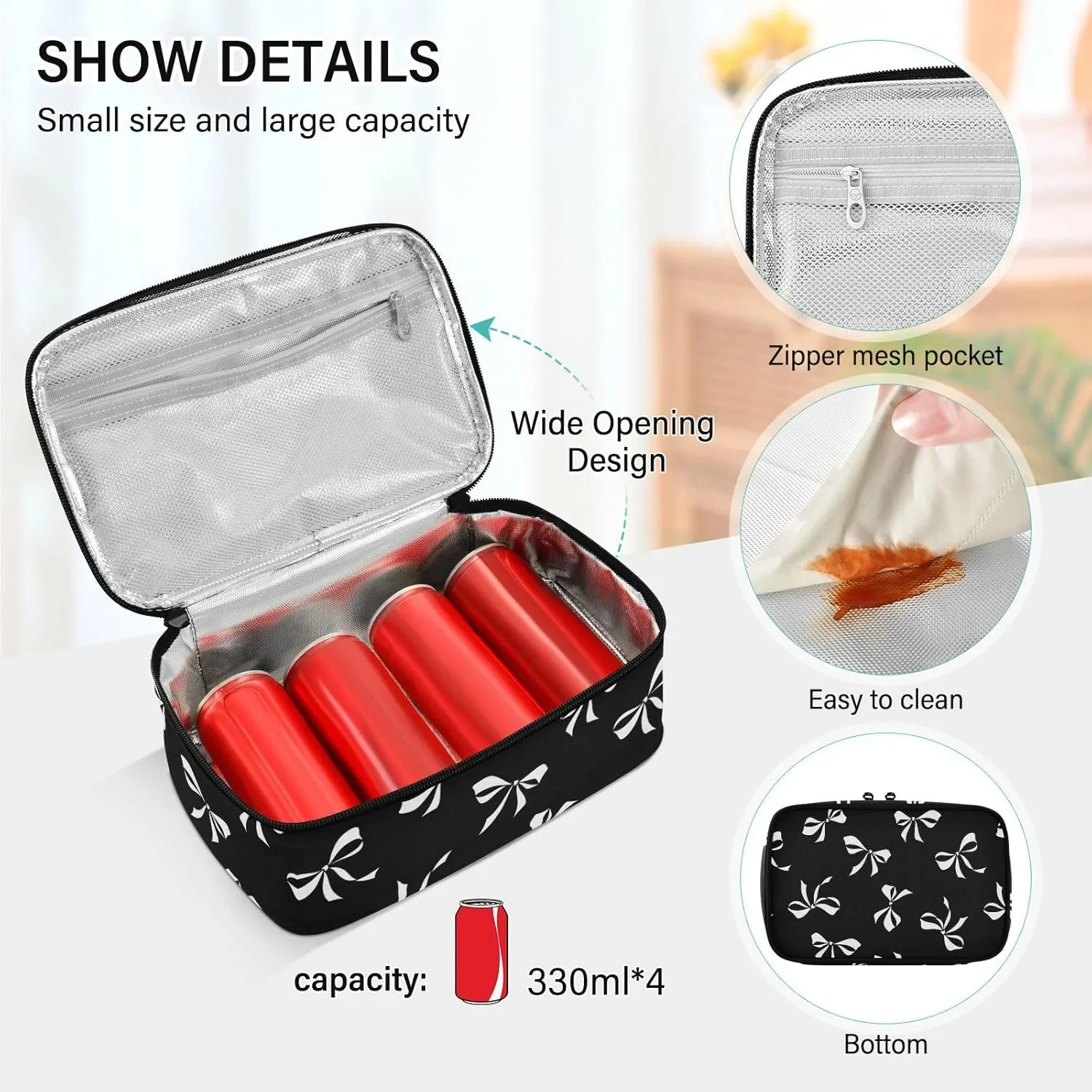 Aslsiy Small Lunch Bag for Kids White Bow Ribbon Insulated Lunch Box Black Portable Mini Cooler Bag for Women Men Boys Girls