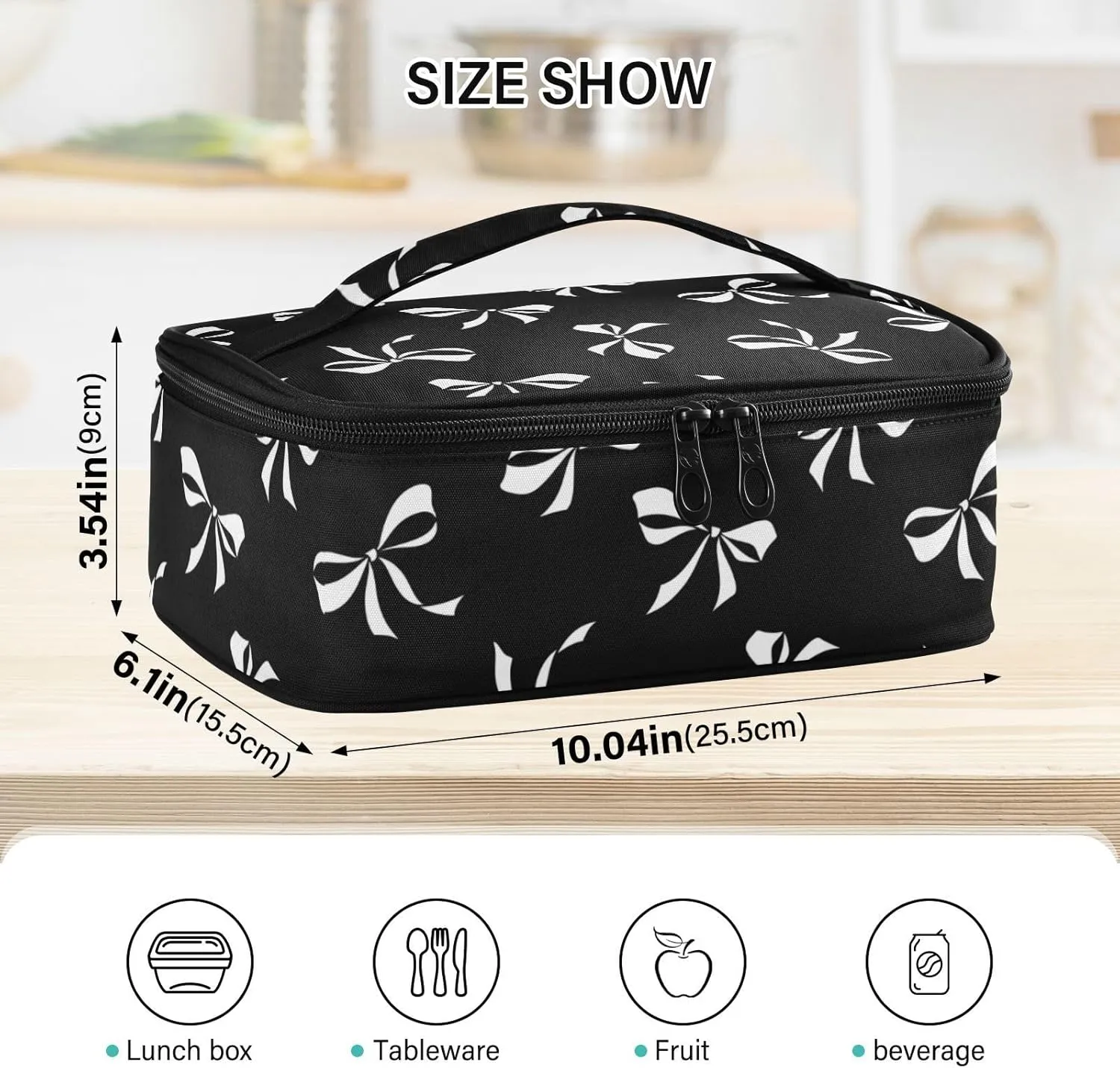 Aslsiy Small Lunch Bag for Kids White Bow Ribbon Insulated Lunch Box Black Portable Mini Cooler Bag for Women Men Boys Girls