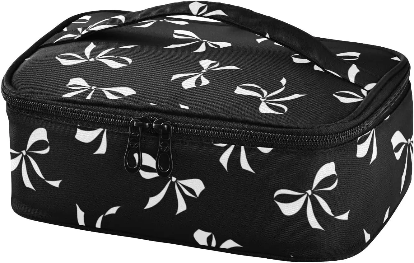 Aslsiy Small Lunch Bag for Kids White Bow Ribbon Insulated Lunch Box Black Portable Mini Cooler Bag for Women Men Boys Girls