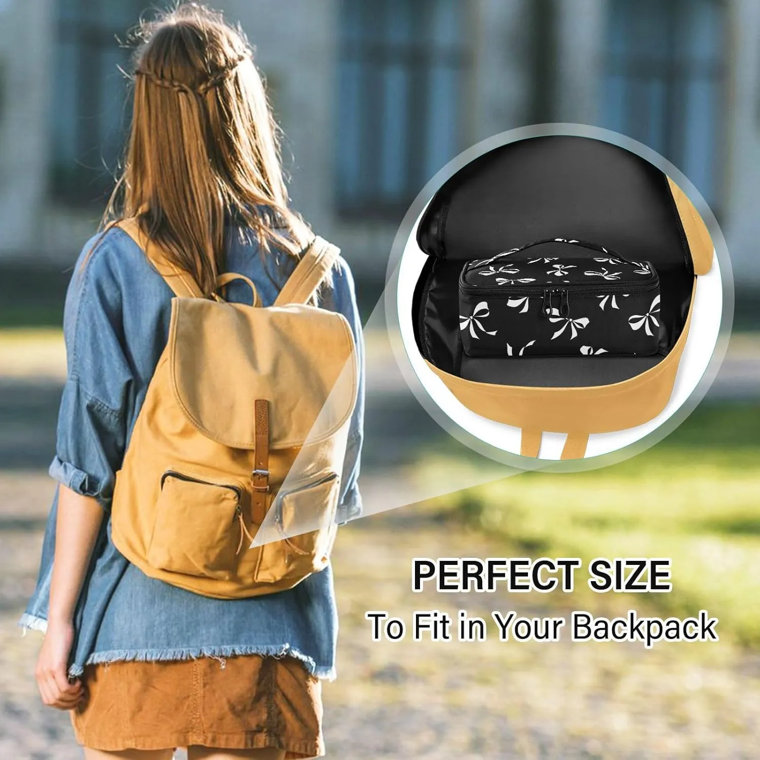 Aslsiy Small Lunch Bag for Kids White Bow Ribbon Insulated Lunch Box Black Portable Mini Cooler Bag for Women Men Boys Girls