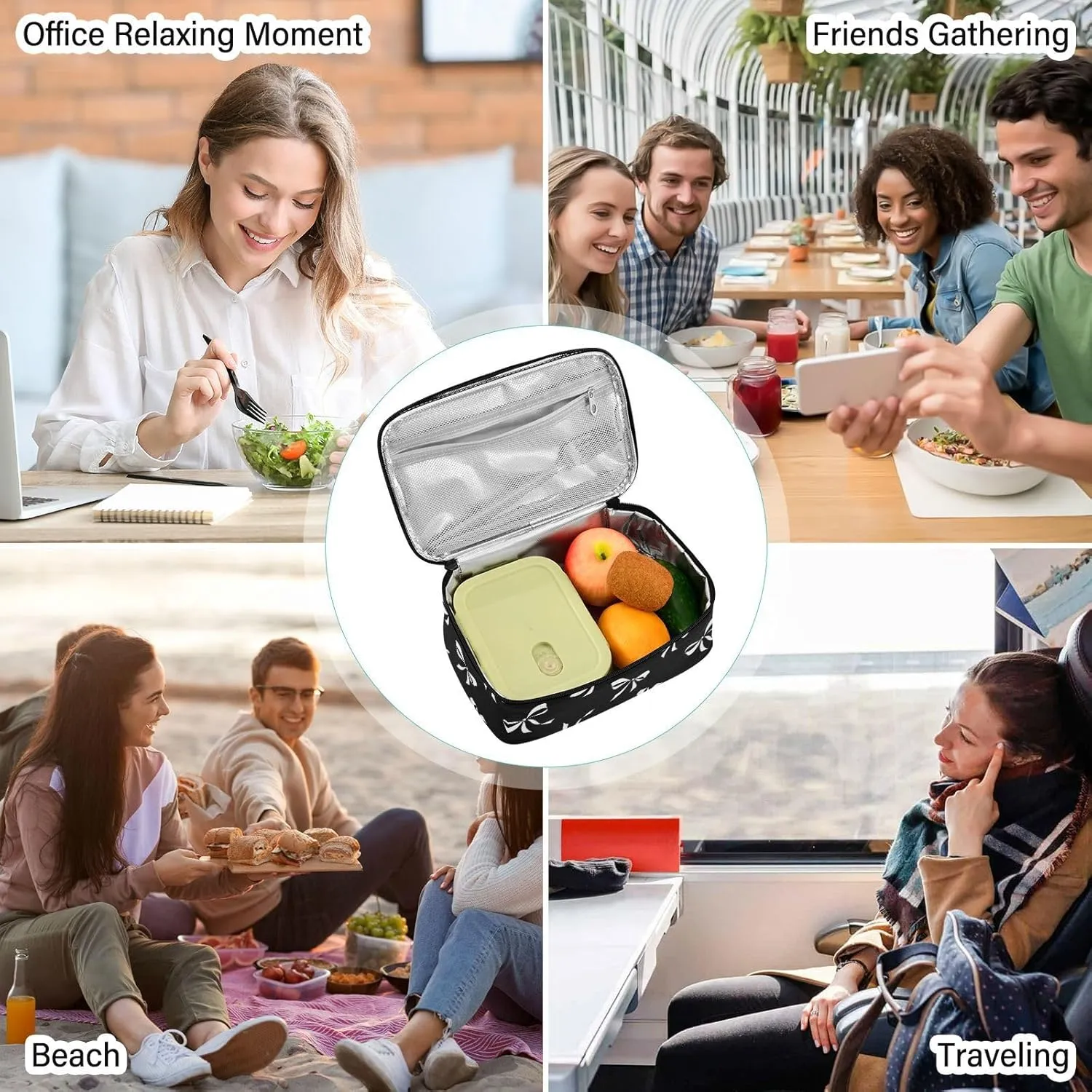 Aslsiy Small Lunch Bag for Kids White Bow Ribbon Insulated Lunch Box Black Portable Mini Cooler Bag for Women Men Boys Girls