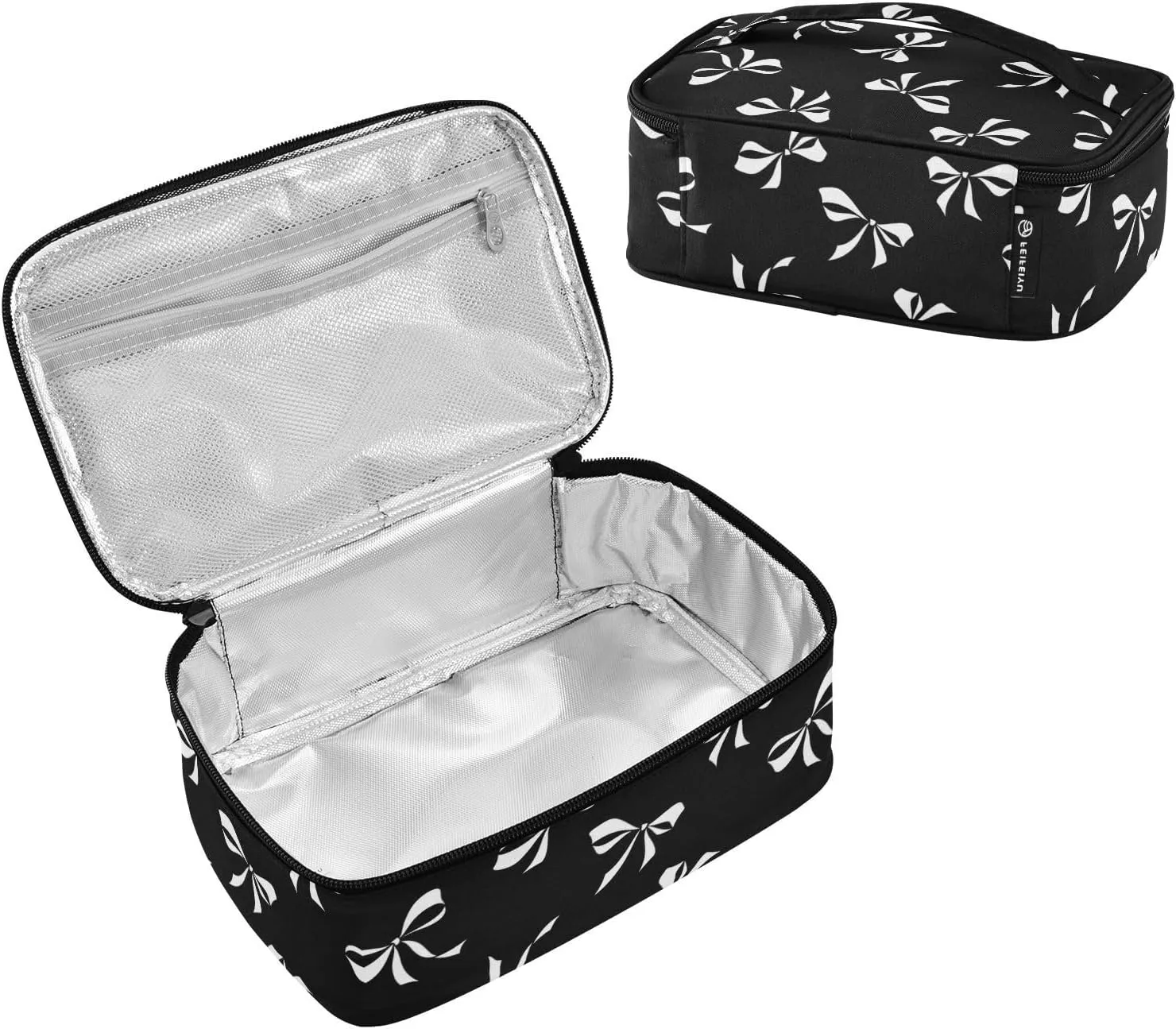 Aslsiy Small Lunch Bag for Kids White Bow Ribbon Insulated Lunch Box Black Portable Mini Cooler Bag for Women Men Boys Girls
