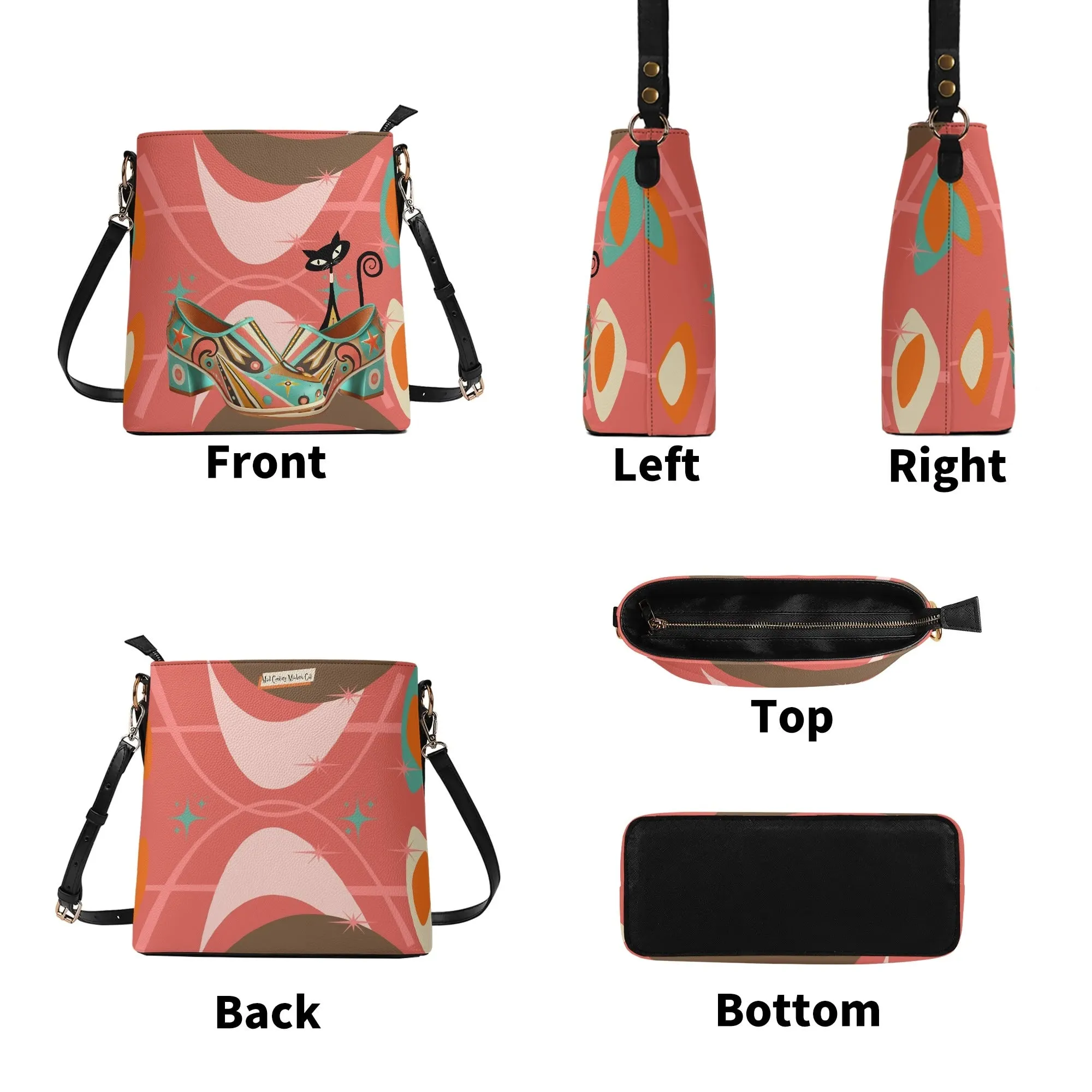 Atomic Cat Bucket Shoulder Bag, Atomic 50s Shoe Lover Design By MCM Gal, Mid Century Mod Kitschy Trendy Purse