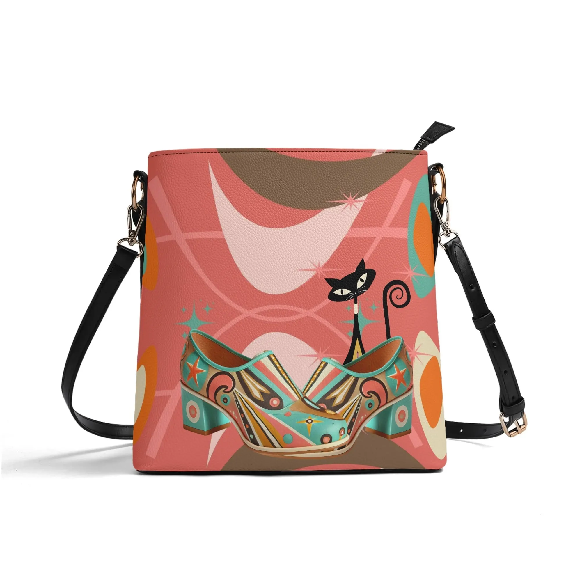 Atomic Cat Bucket Shoulder Bag, Atomic 50s Shoe Lover Design By MCM Gal, Mid Century Mod Kitschy Trendy Purse