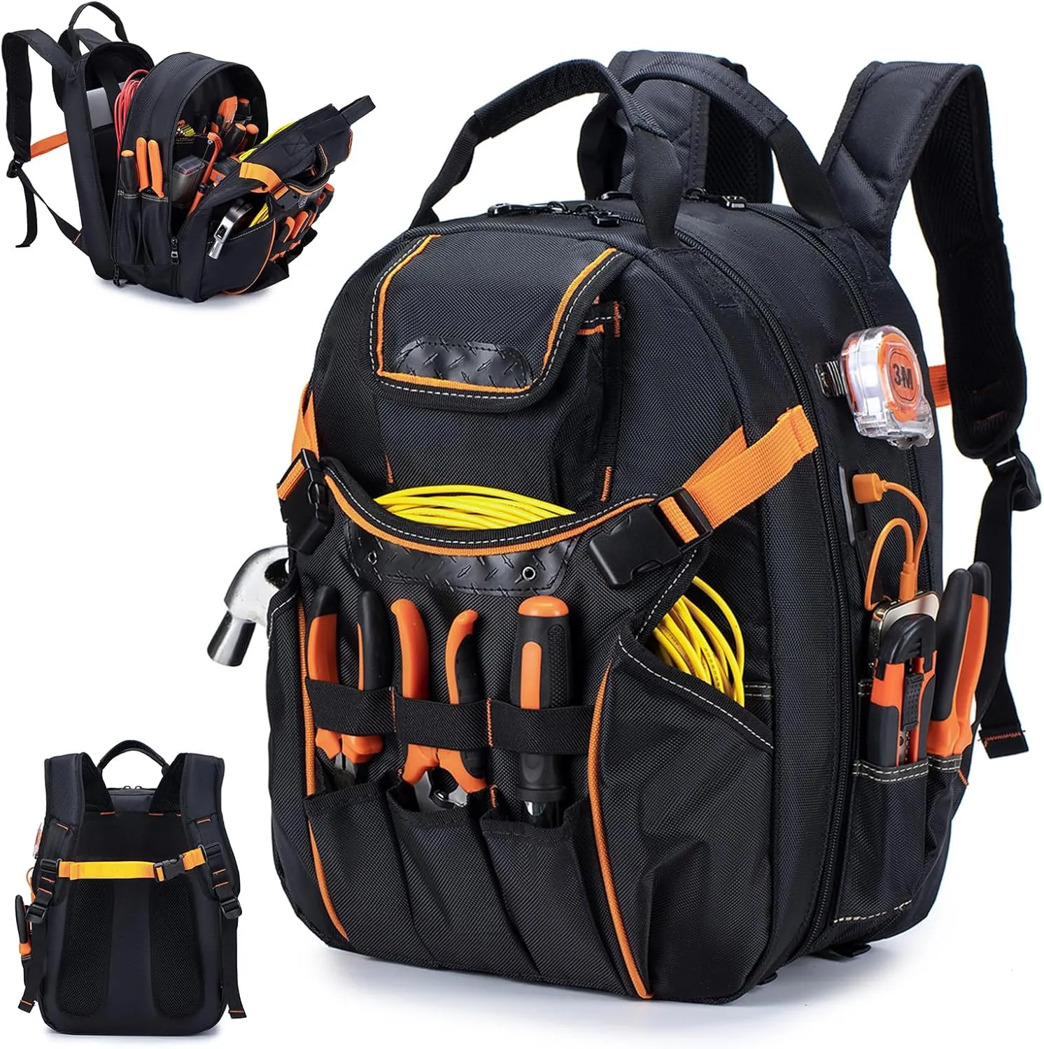 BAGZY 52 Pockets Tool Bag Backpack for Men Storage Organization Tool Bags Heavy Duty with Waterproof Molded Base for Electrician, Repairman Industrial & Construction Work, Black