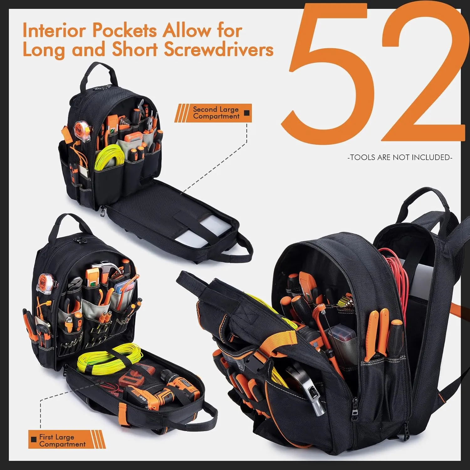 BAGZY 52 Pockets Tool Bag Backpack for Men Storage Organization Tool Bags Heavy Duty with Waterproof Molded Base for Electrician, Repairman Industrial & Construction Work, Black