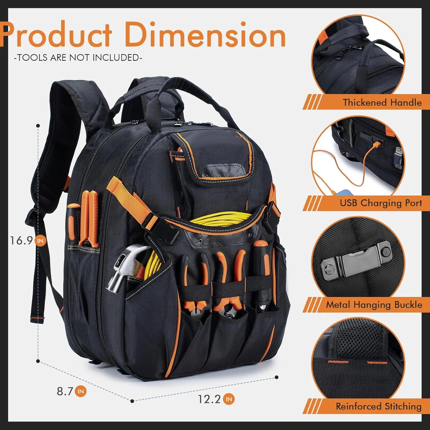BAGZY 52 Pockets Tool Bag Backpack for Men Storage Organization Tool Bags Heavy Duty with Waterproof Molded Base for Electrician, Repairman Industrial & Construction Work, Black