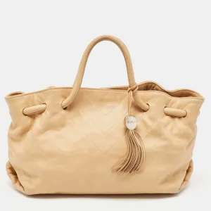 Beige Leather Drawstring Metal Handle Shoulder Bag