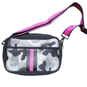Black Grey White Camo with Hot Pink Black Stripe Strap Neoprene Crossbody