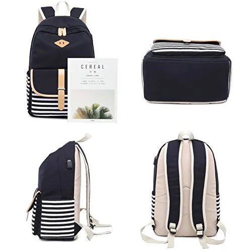 Canvas School Backpack USB College Bookbag 15.6 inch Laptop Backpack with USB Charging Port