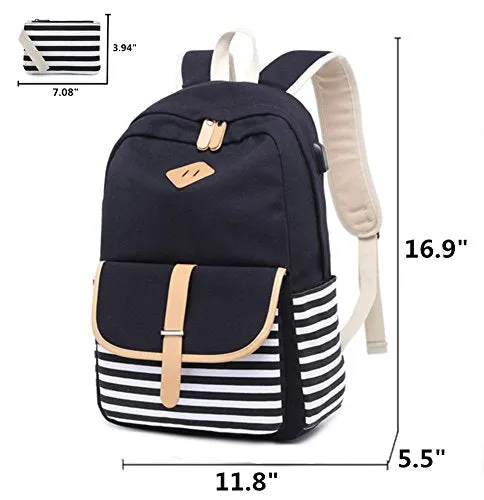 Canvas School Backpack USB College Bookbag 15.6 inch Laptop Backpack with USB Charging Port