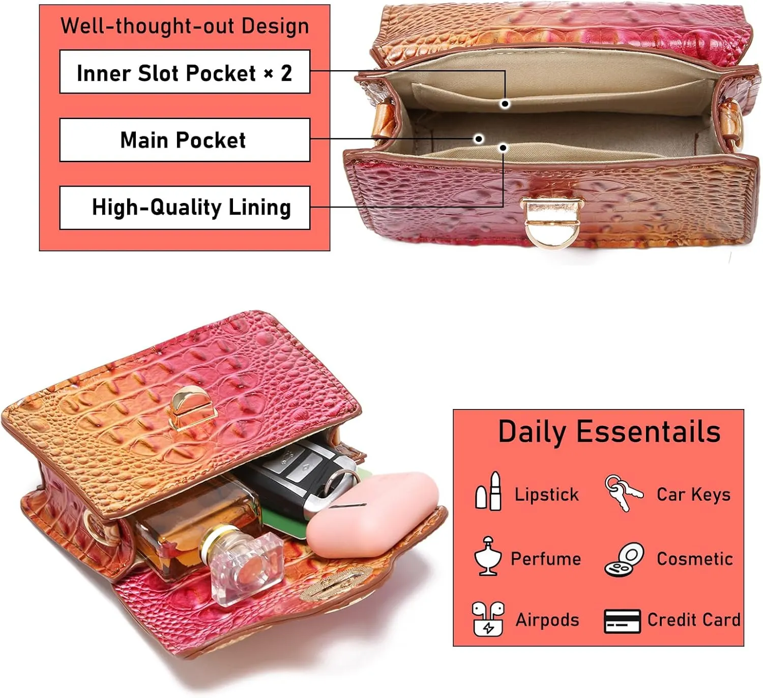 Chic Women Crocodile Leather bags Mini Top-Handle Clutch Compact Evening Bag Stylish Accessory for Essentials