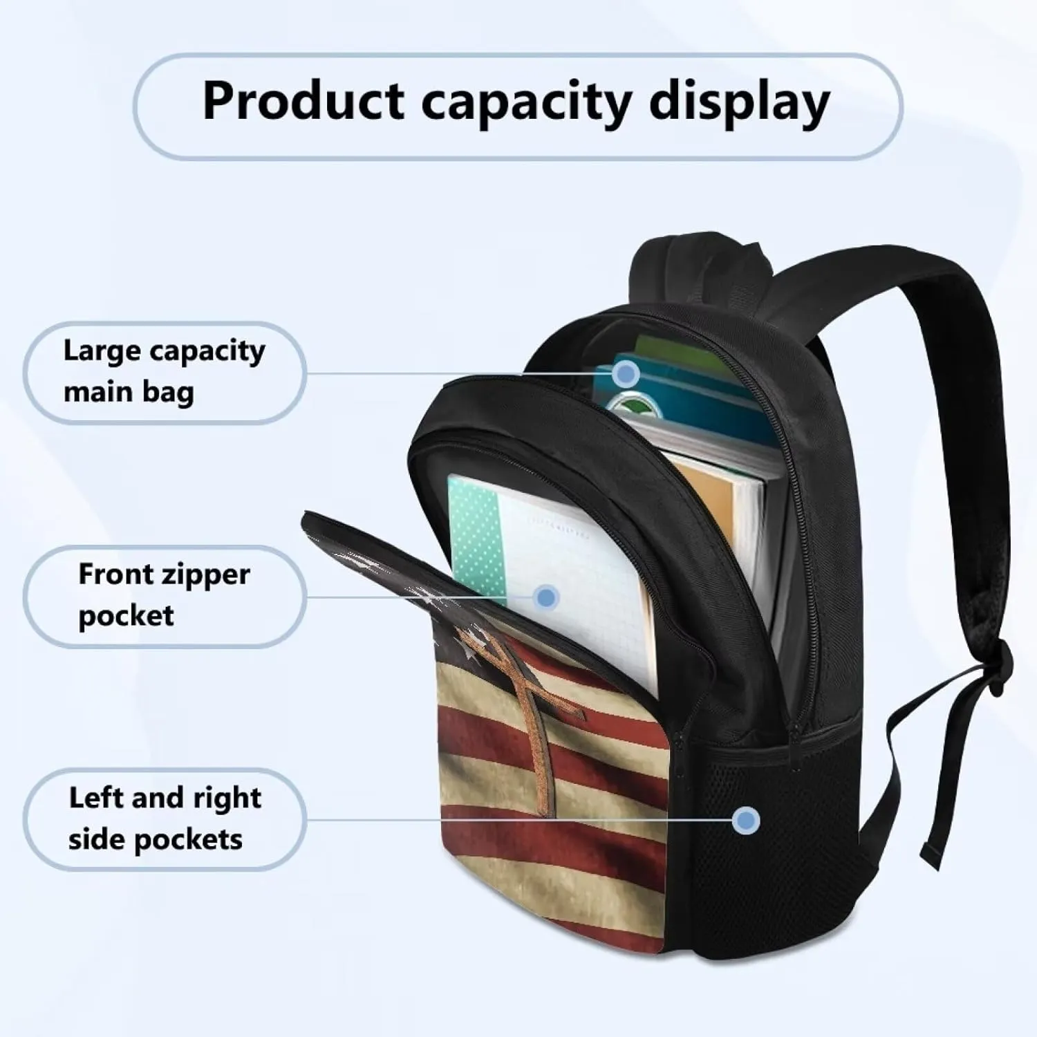 Cross American Flag Print Kids School Bag Backpack Purse for Girls Boys Middle Primary Students Bookbag Bagpack 17 Inch Schoolbags Daypack Satchel for Travel Outdoor Sport