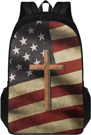 Cross American Flag Print Kids School Bag Backpack Purse for Girls Boys Middle Primary Students Bookbag Bagpack 17 Inch Schoolbags Daypack Satchel for Travel Outdoor Sport