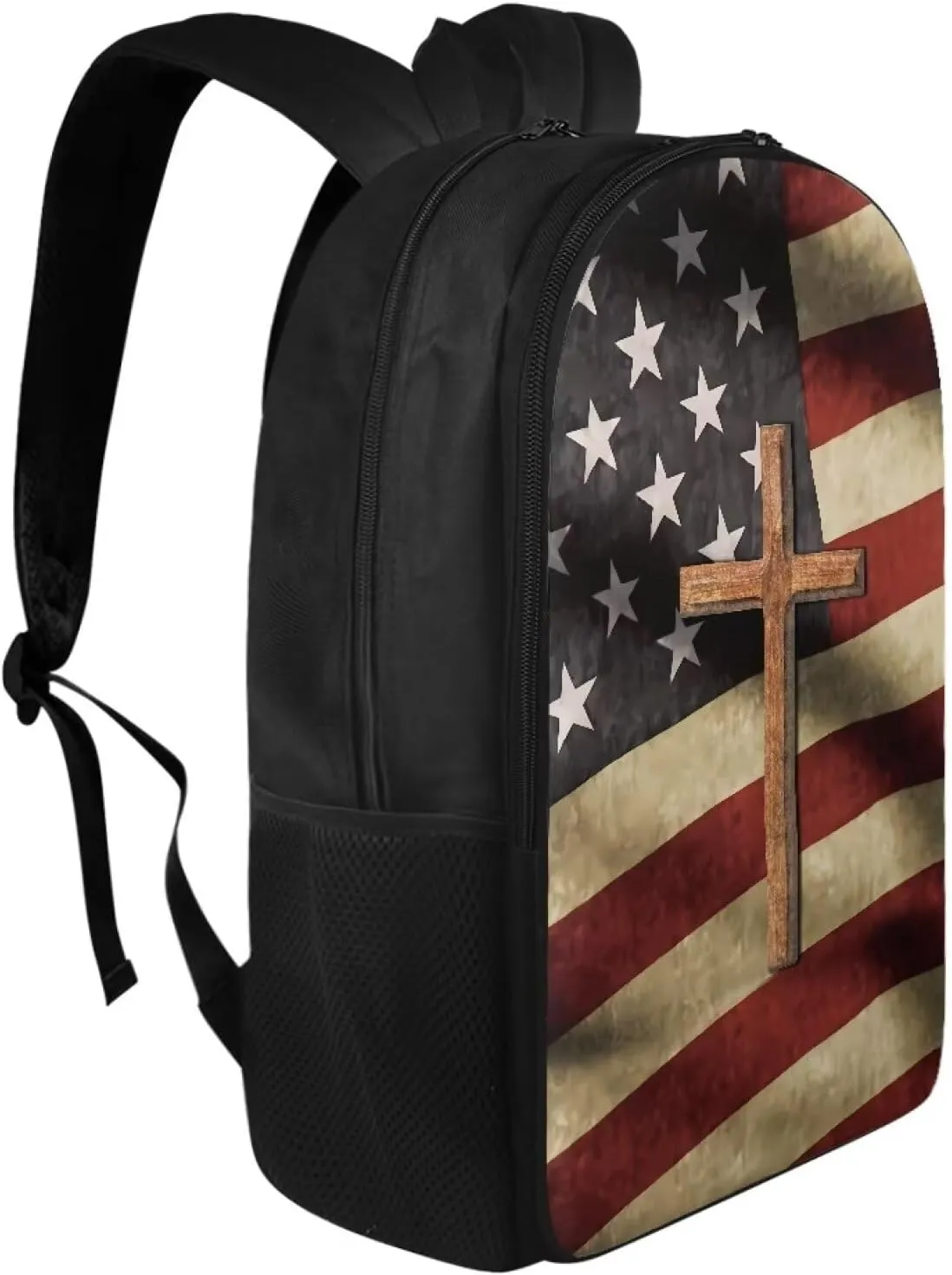 Cross American Flag Print Kids School Bag Backpack Purse for Girls Boys Middle Primary Students Bookbag Bagpack 17 Inch Schoolbags Daypack Satchel for Travel Outdoor Sport