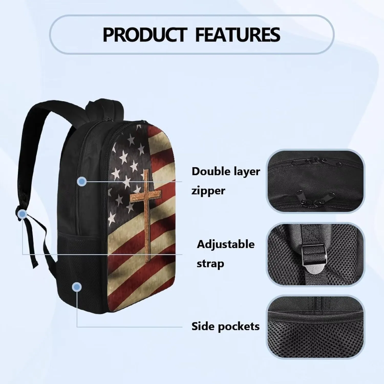 Cross American Flag Print Kids School Bag Backpack Purse for Girls Boys Middle Primary Students Bookbag Bagpack 17 Inch Schoolbags Daypack Satchel for Travel Outdoor Sport