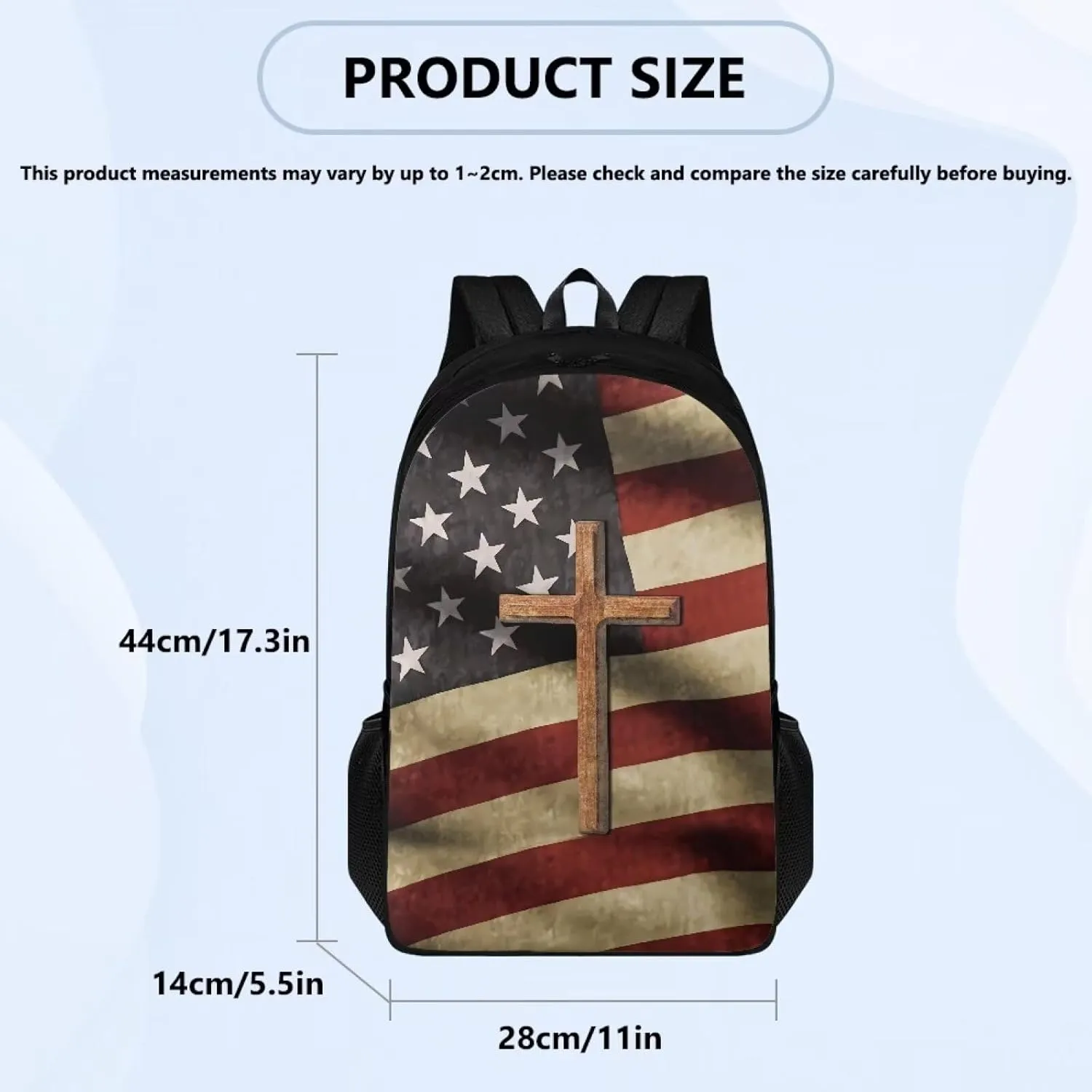 Cross American Flag Print Kids School Bag Backpack Purse for Girls Boys Middle Primary Students Bookbag Bagpack 17 Inch Schoolbags Daypack Satchel for Travel Outdoor Sport
