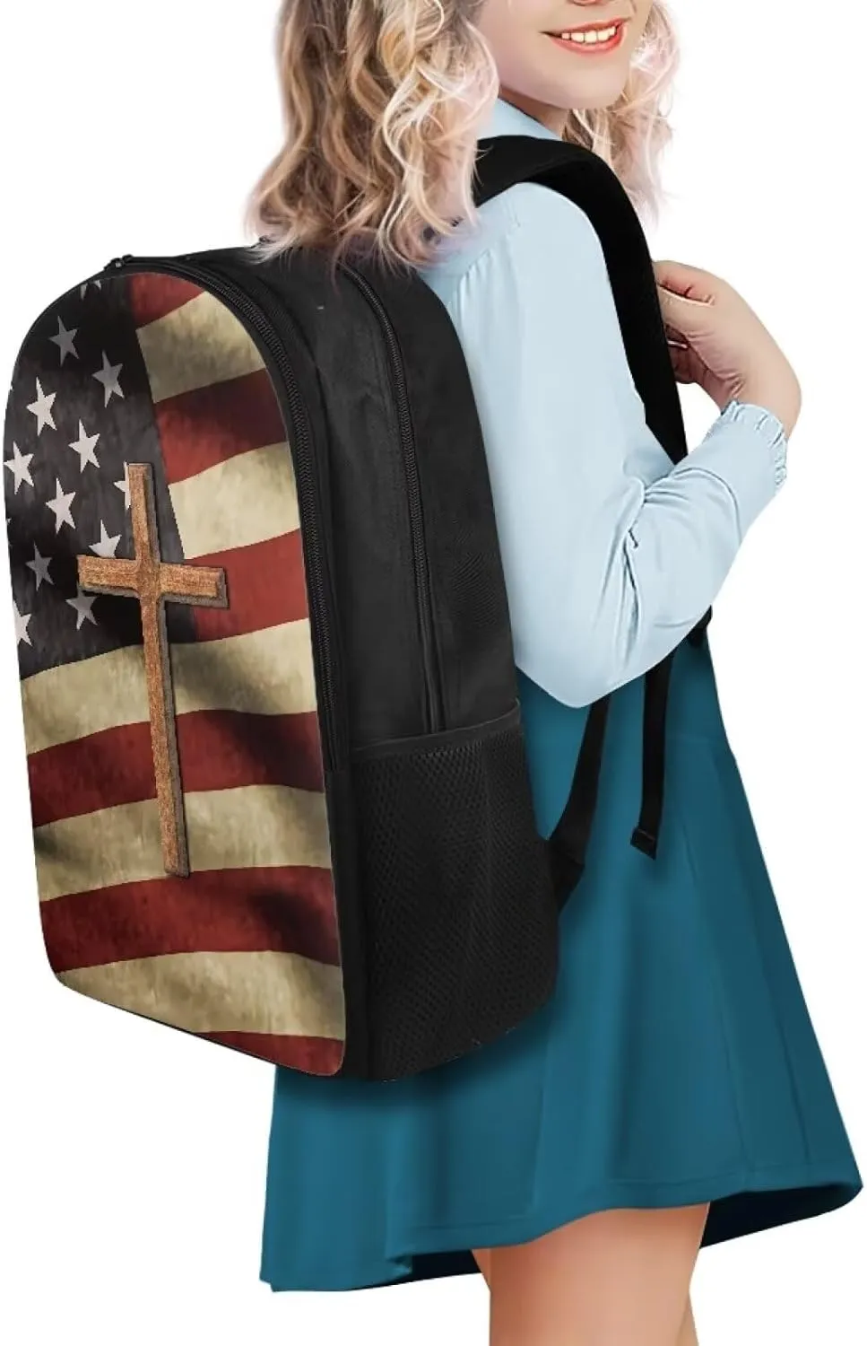 Cross American Flag Print Kids School Bag Backpack Purse for Girls Boys Middle Primary Students Bookbag Bagpack 17 Inch Schoolbags Daypack Satchel for Travel Outdoor Sport
