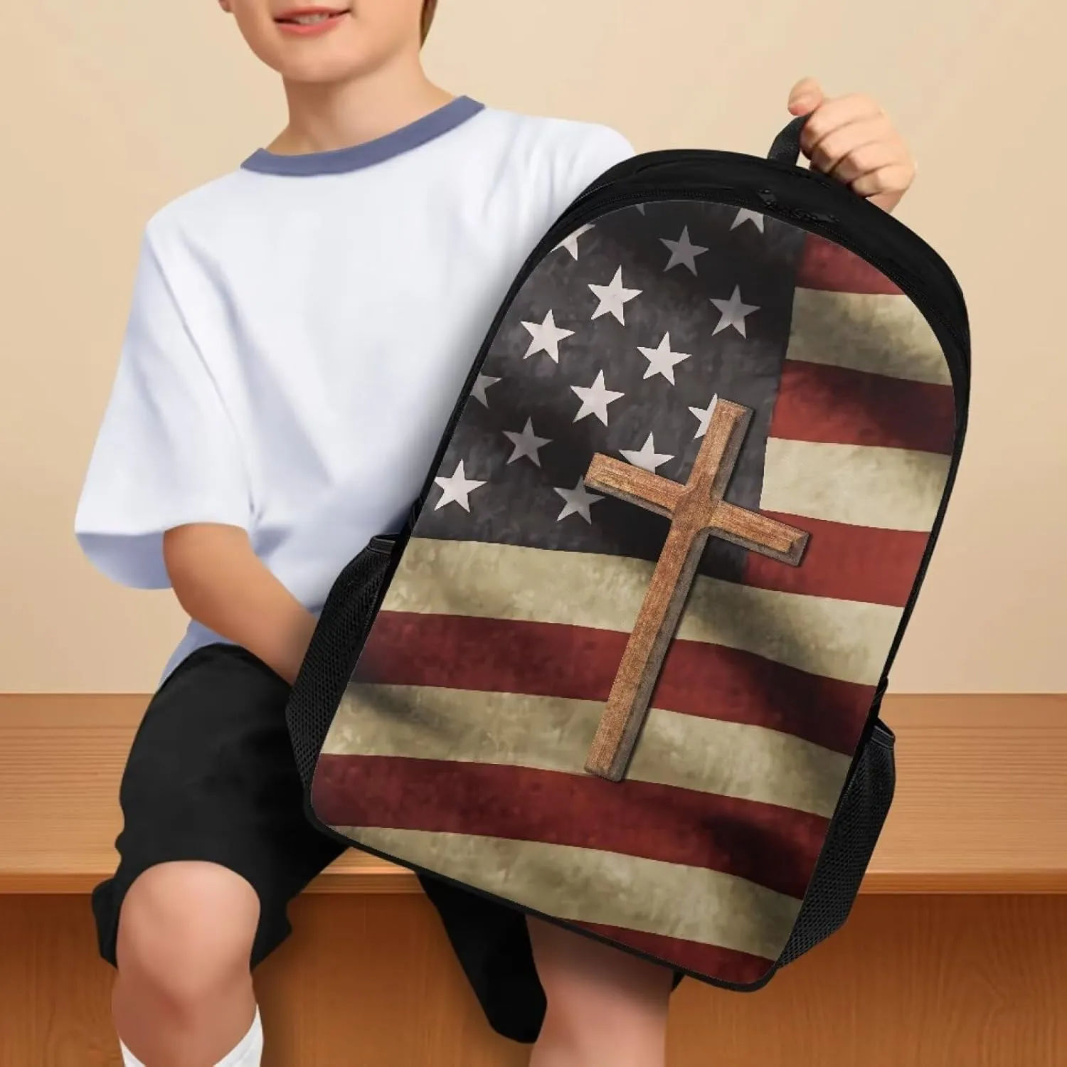 Cross American Flag Print Kids School Bag Backpack Purse for Girls Boys Middle Primary Students Bookbag Bagpack 17 Inch Schoolbags Daypack Satchel for Travel Outdoor Sport