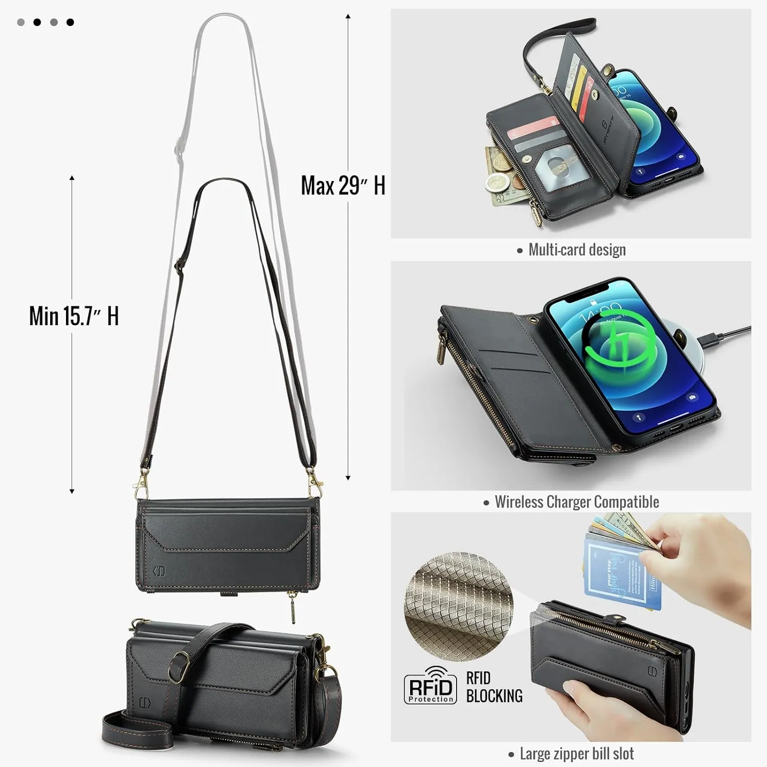Crossbody for iPhone 12/12 Pro Wallet CaseRFID Blockingwith 7-Card Holder Zipper Bills Slot, Soft PU Leather Magnetic Flip Wristlet Shoulder Strap for iPhone 12 Case Wallet for Women, Black