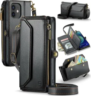 Crossbody for iPhone 12/12 Pro Wallet CaseRFID Blockingwith 7-Card Holder Zipper Bills Slot, Soft PU Leather Magnetic Flip Wristlet Shoulder Strap for iPhone 12 Case Wallet for Women, Black