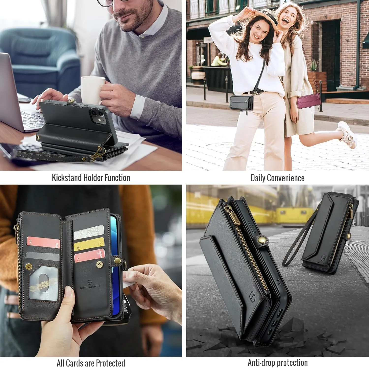 Crossbody for iPhone 12/12 Pro Wallet CaseRFID Blockingwith 7-Card Holder Zipper Bills Slot, Soft PU Leather Magnetic Flip Wristlet Shoulder Strap for iPhone 12 Case Wallet for Women, Black