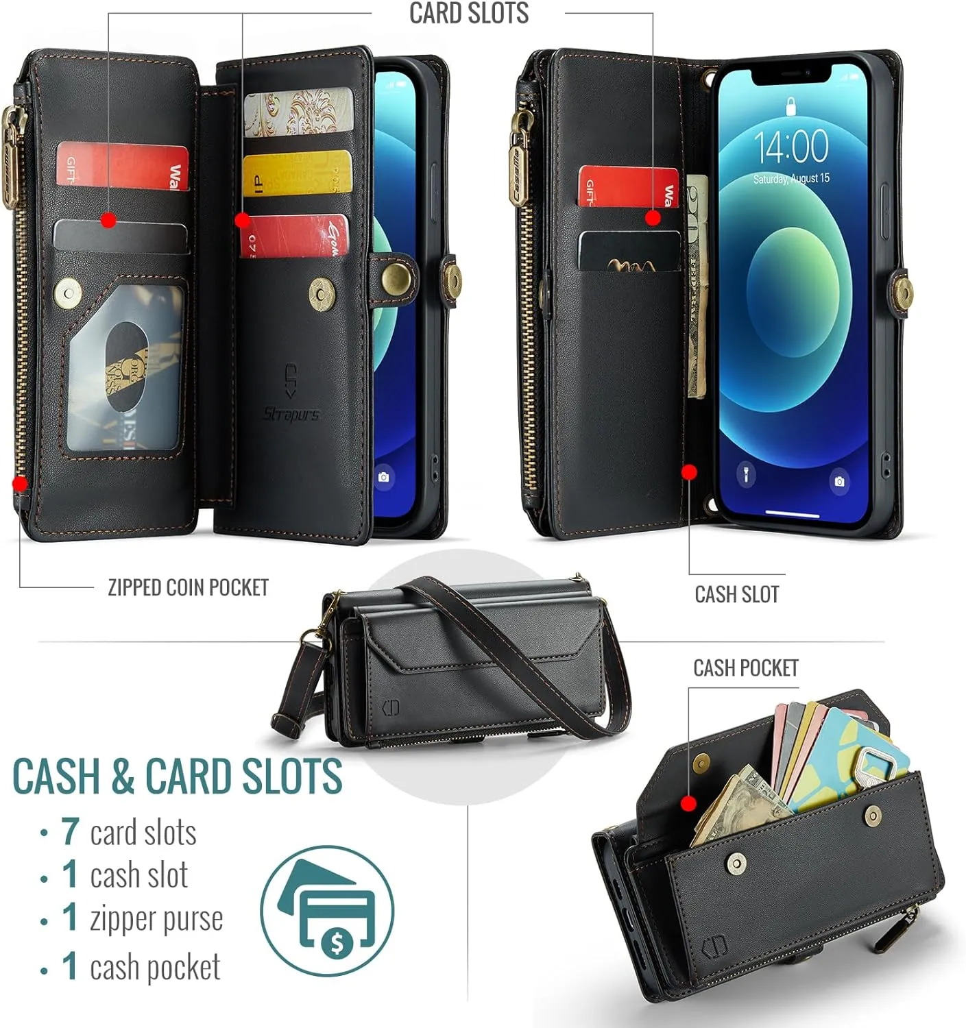 Crossbody for iPhone 12/12 Pro Wallet CaseRFID Blockingwith 7-Card Holder Zipper Bills Slot, Soft PU Leather Magnetic Flip Wristlet Shoulder Strap for iPhone 12 Case Wallet for Women, Black