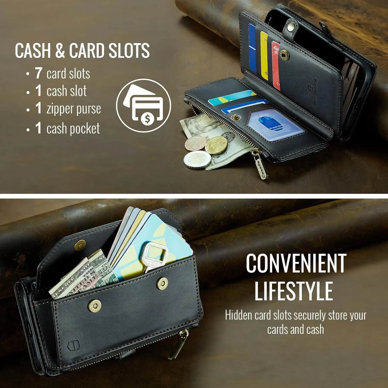Crossbody for iPhone 12/12 Pro Wallet CaseRFID Blockingwith 7-Card Holder Zipper Bills Slot, Soft PU Leather Magnetic Flip Wristlet Shoulder Strap for iPhone 12 Case Wallet for Women, Black