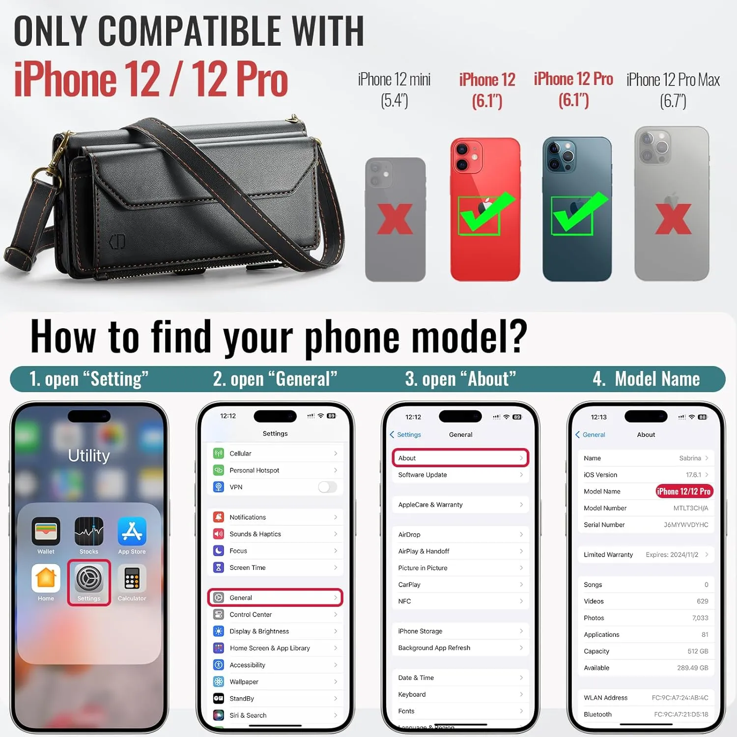 Crossbody for iPhone 12/12 Pro Wallet CaseRFID Blockingwith 7-Card Holder Zipper Bills Slot, Soft PU Leather Magnetic Flip Wristlet Shoulder Strap for iPhone 12 Case Wallet for Women, Black