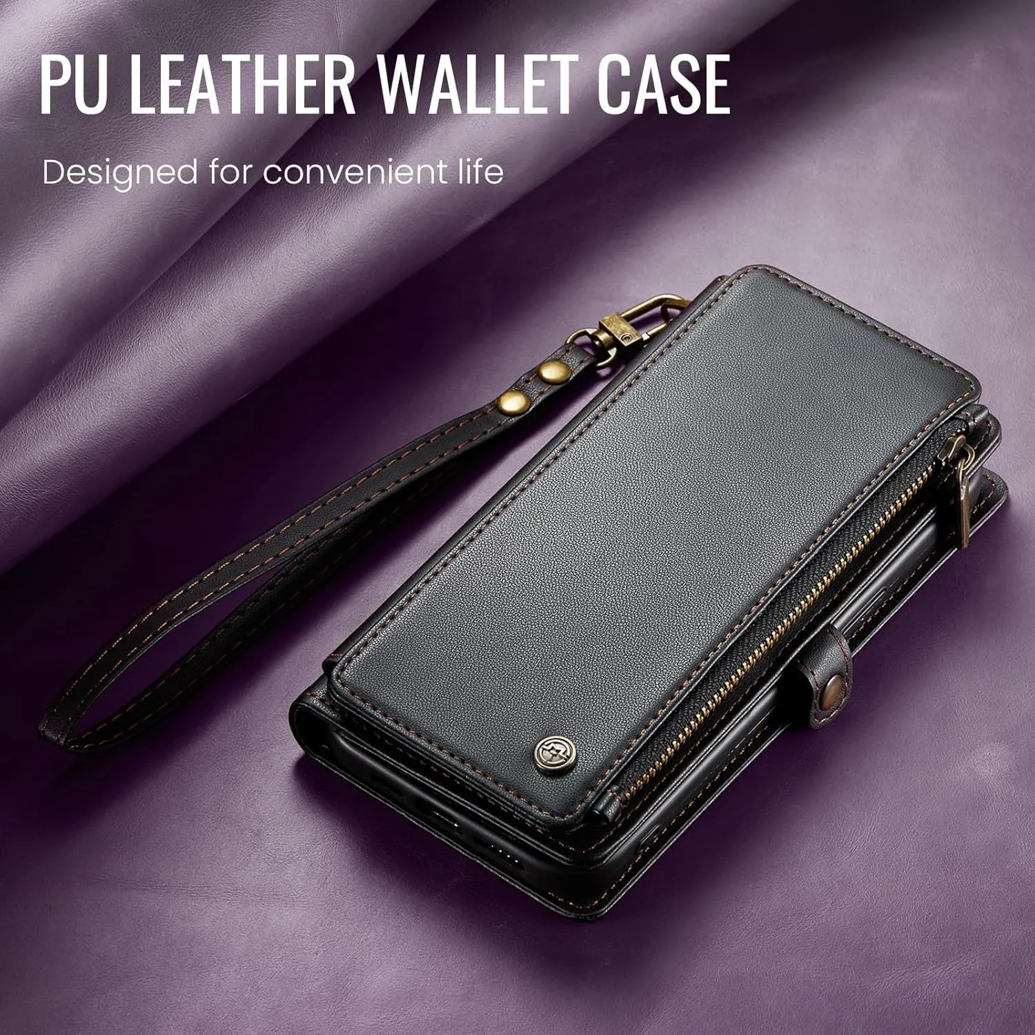 Defencase for iPhone 16E Case Wallet with RFID Blocking Card Holder Slots for Women Men, Elegant PU Leather Magnetic Snap Flip Wristlet Strap Zipper Wallet Phone Cases for iPhone 16e 2025, Black