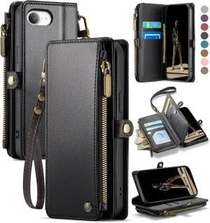 Defencase for iPhone 16E Case Wallet with RFID Blocking Card Holder Slots for Women Men, Elegant PU Leather Magnetic Snap Flip Wristlet Strap Zipper Wallet Phone Cases for iPhone 16e 2025, Black