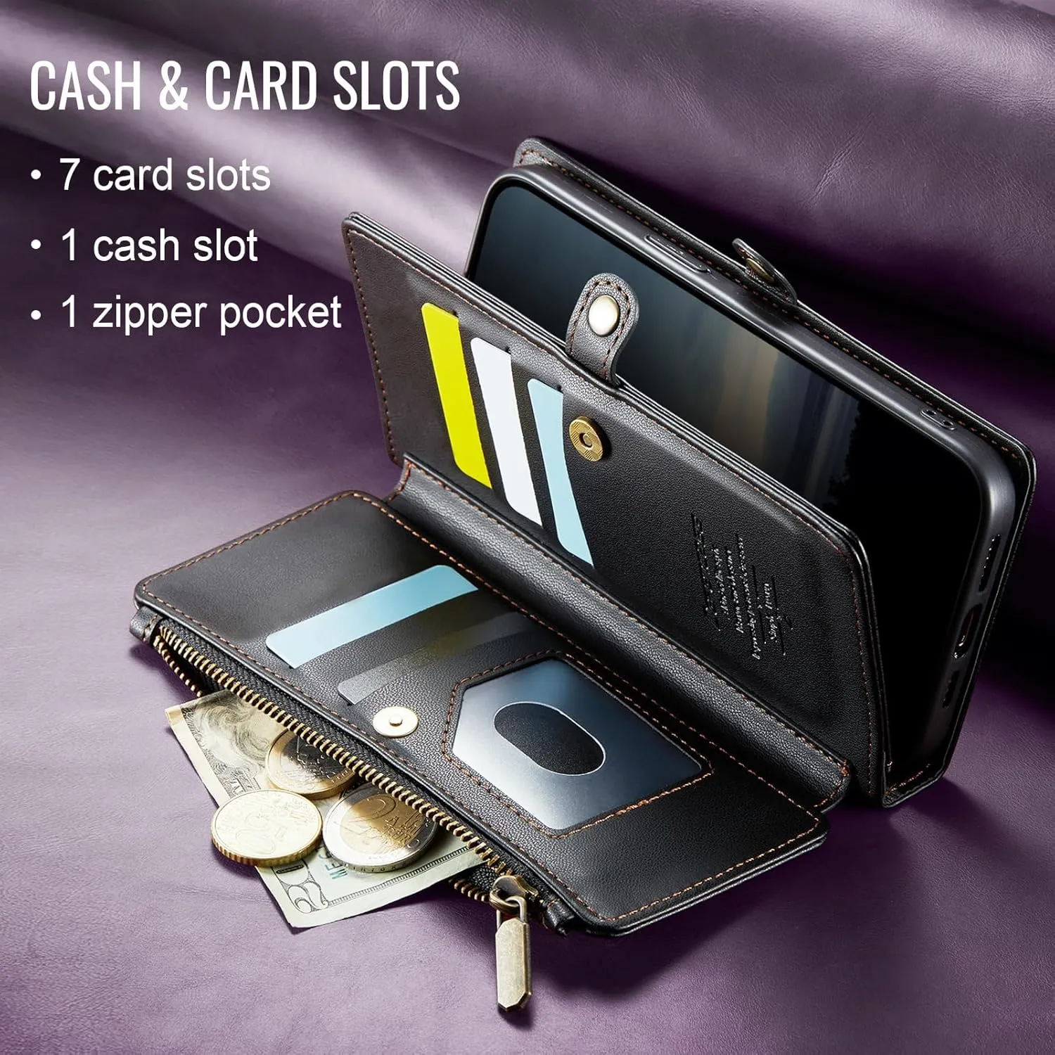 Defencase for iPhone 16E Case Wallet with RFID Blocking Card Holder Slots for Women Men, Elegant PU Leather Magnetic Snap Flip Wristlet Strap Zipper Wallet Phone Cases for iPhone 16e 2025, Black