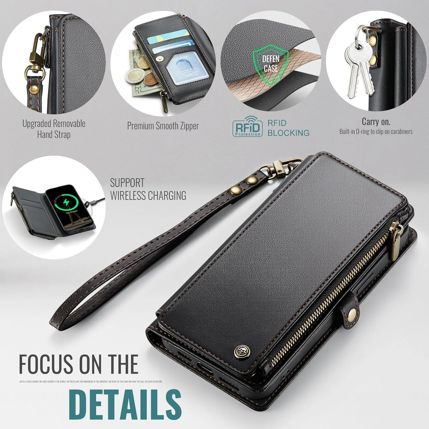 Defencase for iPhone 16E Case Wallet with RFID Blocking Card Holder Slots for Women Men, Elegant PU Leather Magnetic Snap Flip Wristlet Strap Zipper Wallet Phone Cases for iPhone 16e 2025, Black