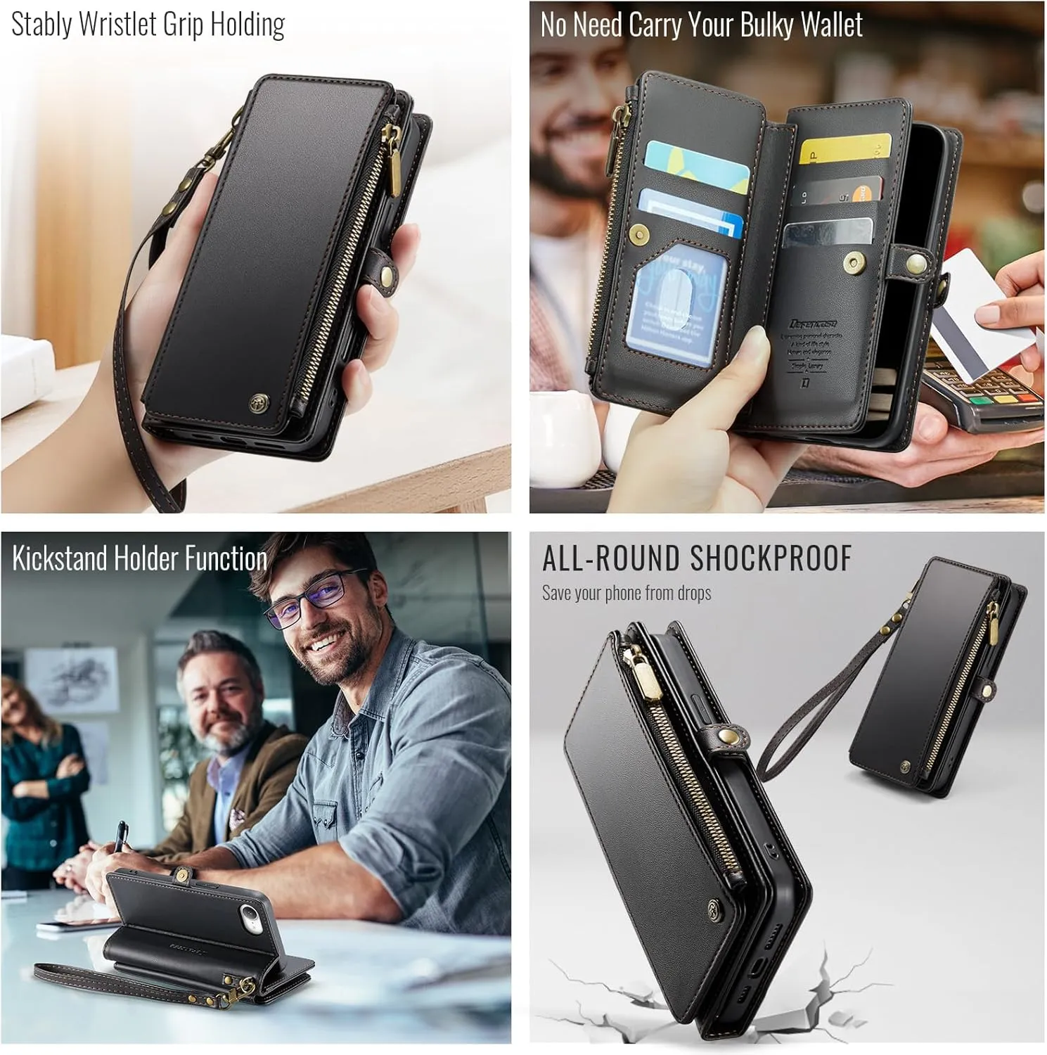 Defencase for iPhone 16E Case Wallet with RFID Blocking Card Holder Slots for Women Men, Elegant PU Leather Magnetic Snap Flip Wristlet Strap Zipper Wallet Phone Cases for iPhone 16e 2025, Black