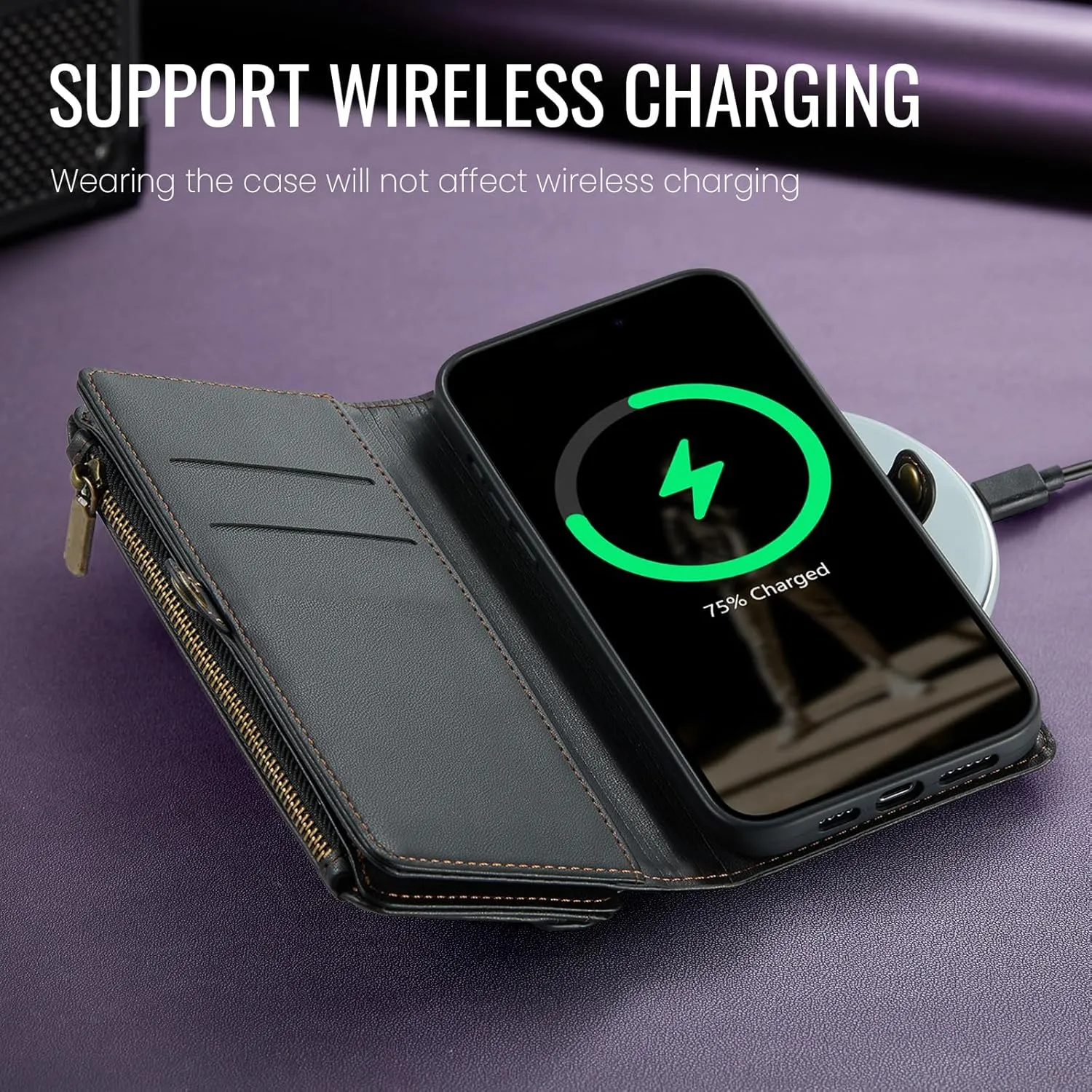 Defencase for iPhone 16E Case Wallet with RFID Blocking Card Holder Slots for Women Men, Elegant PU Leather Magnetic Snap Flip Wristlet Strap Zipper Wallet Phone Cases for iPhone 16e 2025, Black